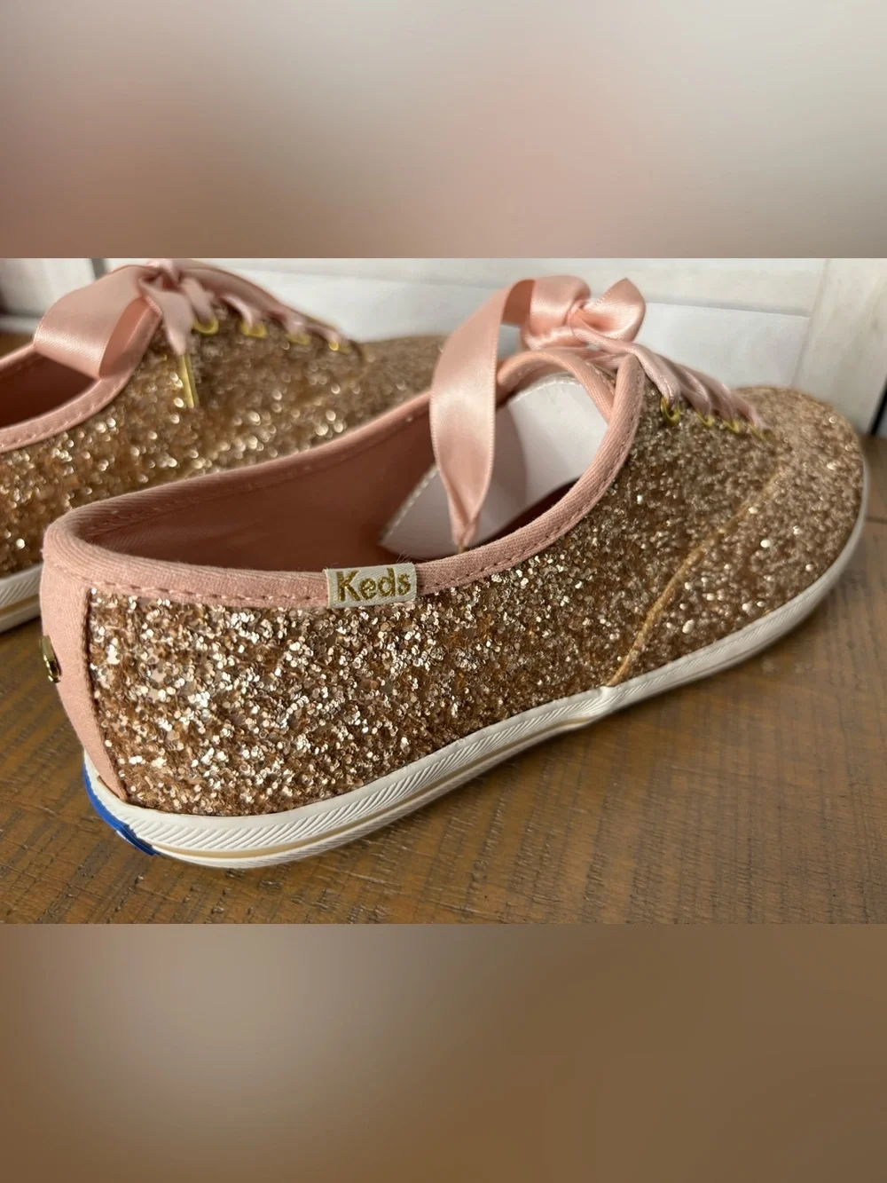 Keds x Kate Spade Champion Rose Gold Glitter Sneakers Box Extra Laces Women’s 7